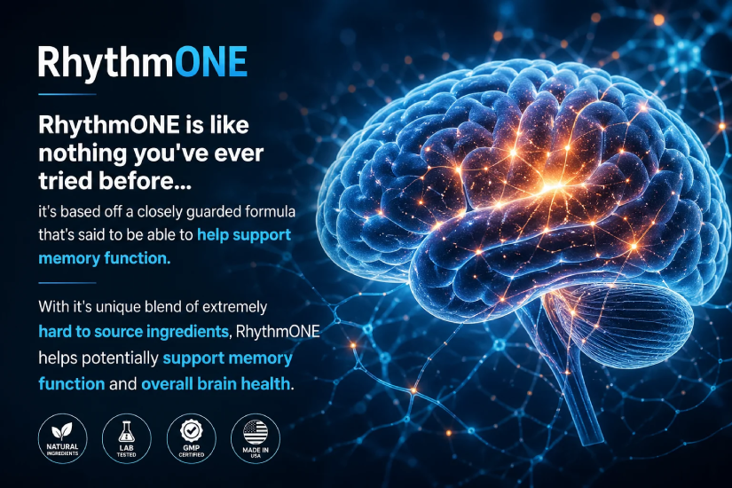 Informational illustration explaining what RhythmONE is as a natural cognitive and brain support supplement formula